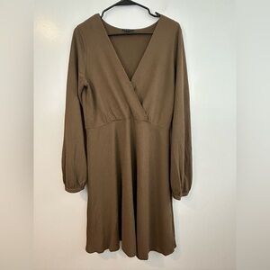 Theory Wool Blend Long Sleeve Brown Surplice Neckline A-line Dress Size Large